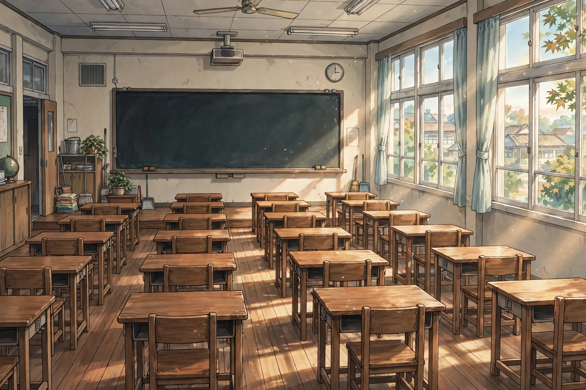Empty anime-style classroom with rows of desks, chalkboard, and afternoon light through windows
