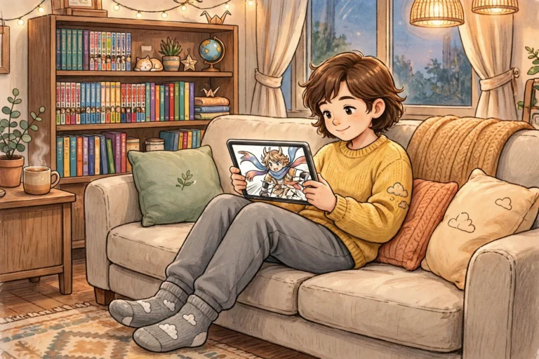 A reader sitting on a sofa reading illustrated pages on a tablet