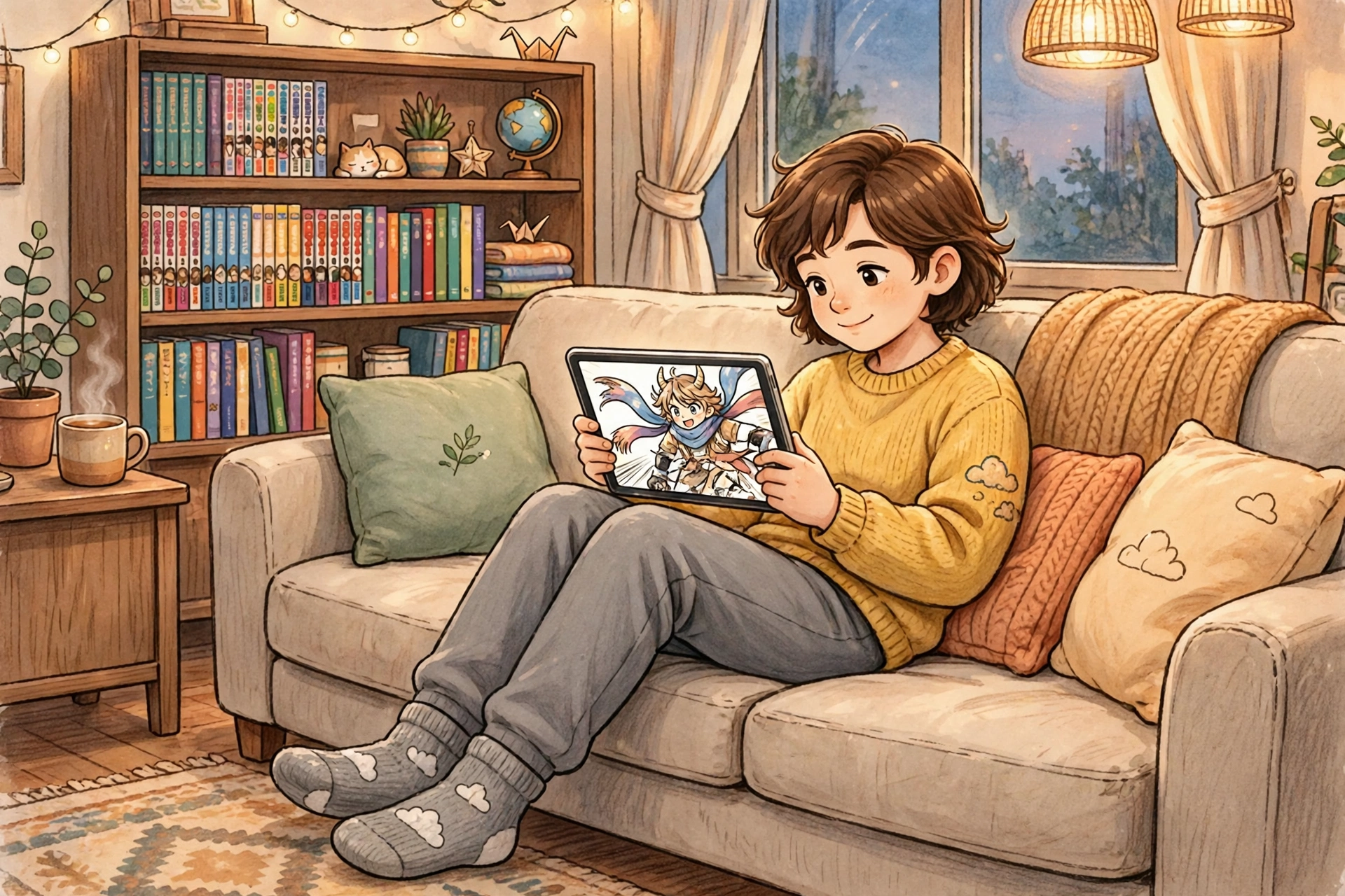A reader sitting on a sofa reading illustrated pages on a tablet