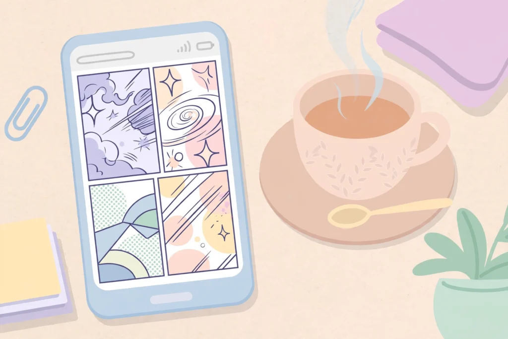 A smartphone showing manga panels beside a cup