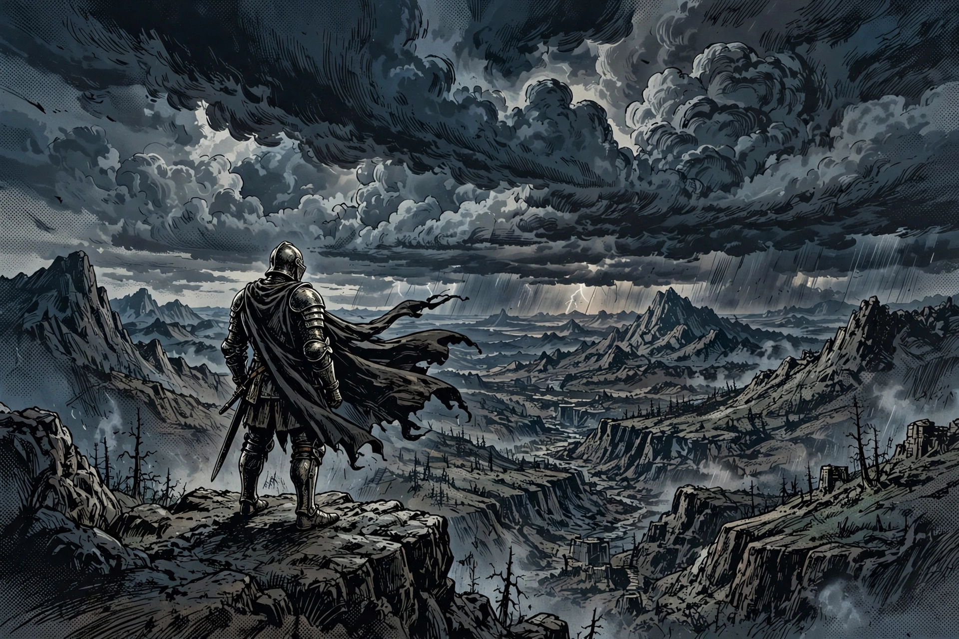 Dark fantasy manga illustration of an armored warrior in a grim medieval landscape