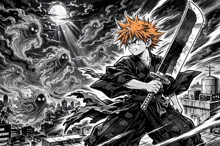 Manga-style illustration of a young warrior with an oversized sword facing shadowy spirits in a night city