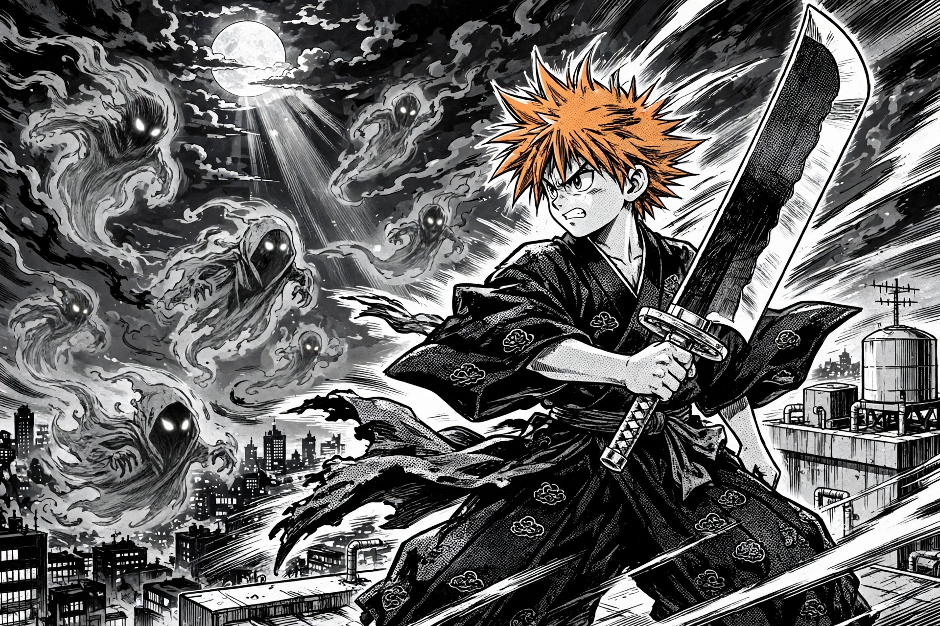 Manga-style illustration of a young warrior with an oversized sword facing shadowy spirits in a night city