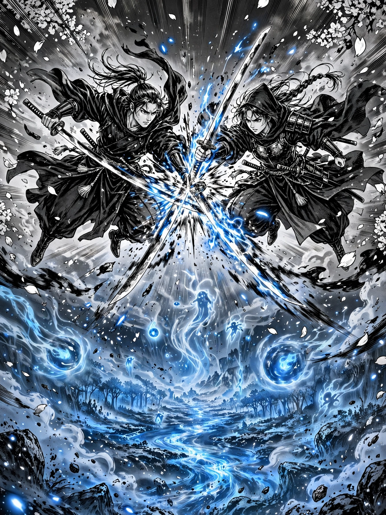 Manga-style illustration of warriors with swords crossing blades above a glowing spirit realm