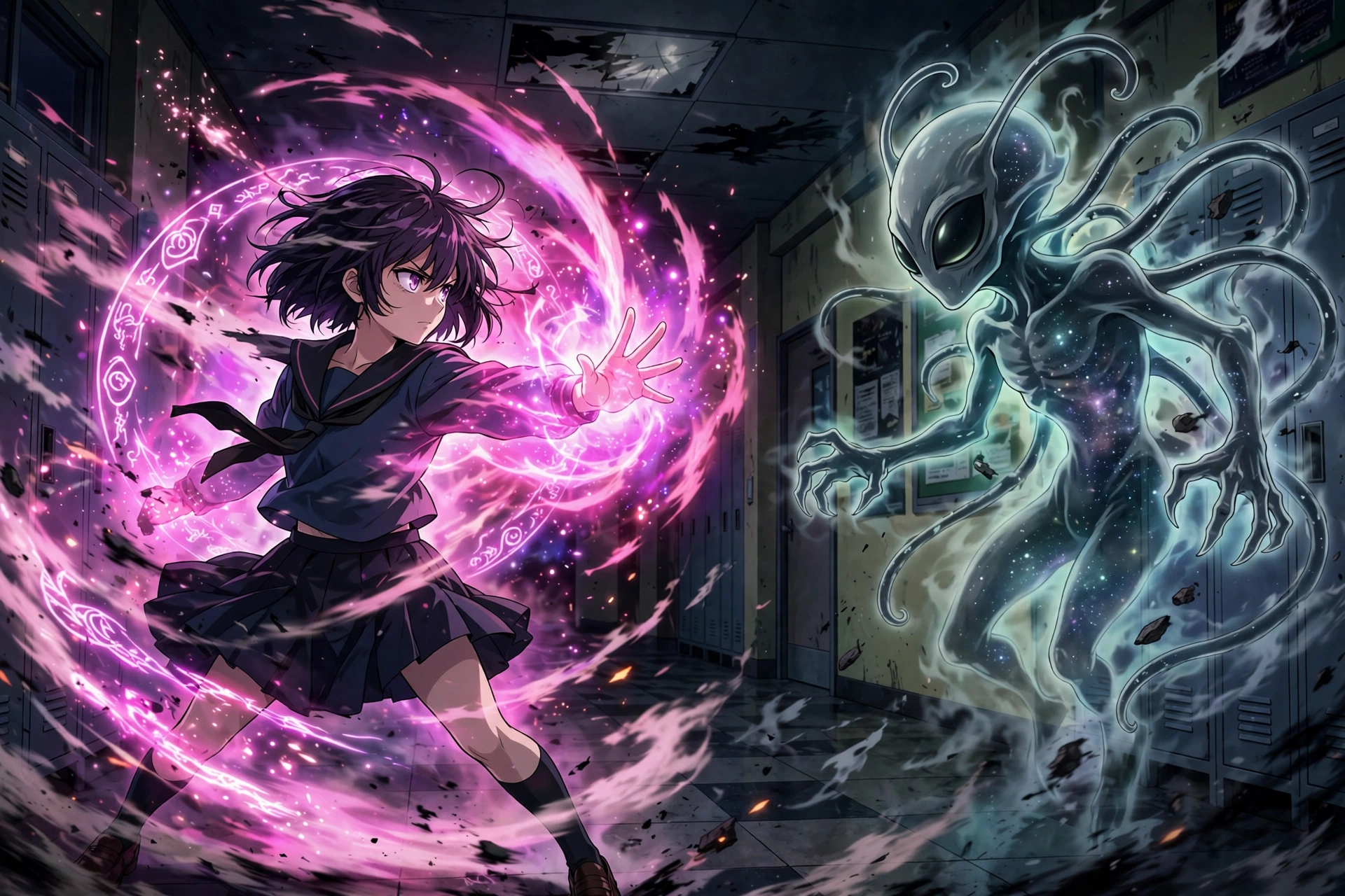 Anime-style illustration of a teenage girl with a glowing pink psychic aura facing a ghostly alien creature in a dark school hallway