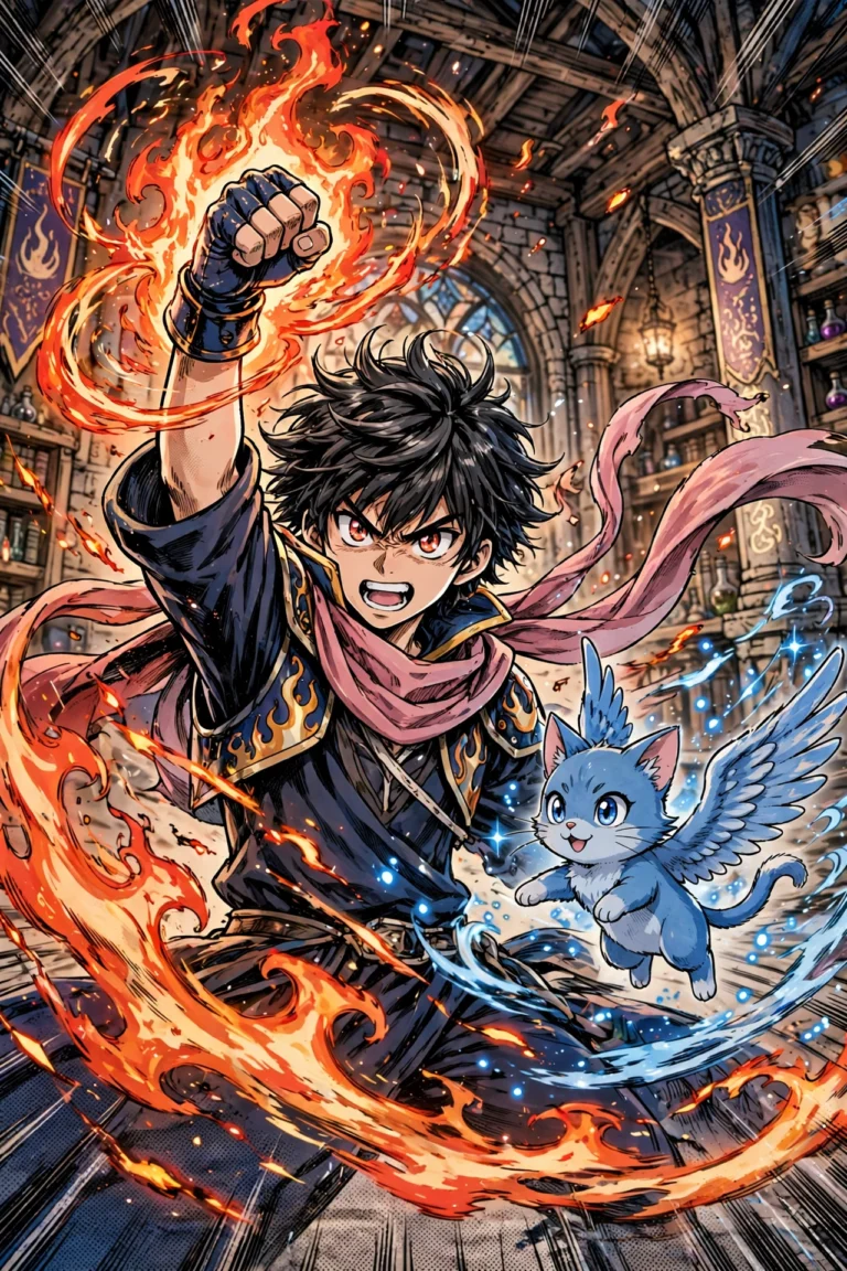 Manga-style illustration of a fire wizard with a small winged cat companion in a guild hall