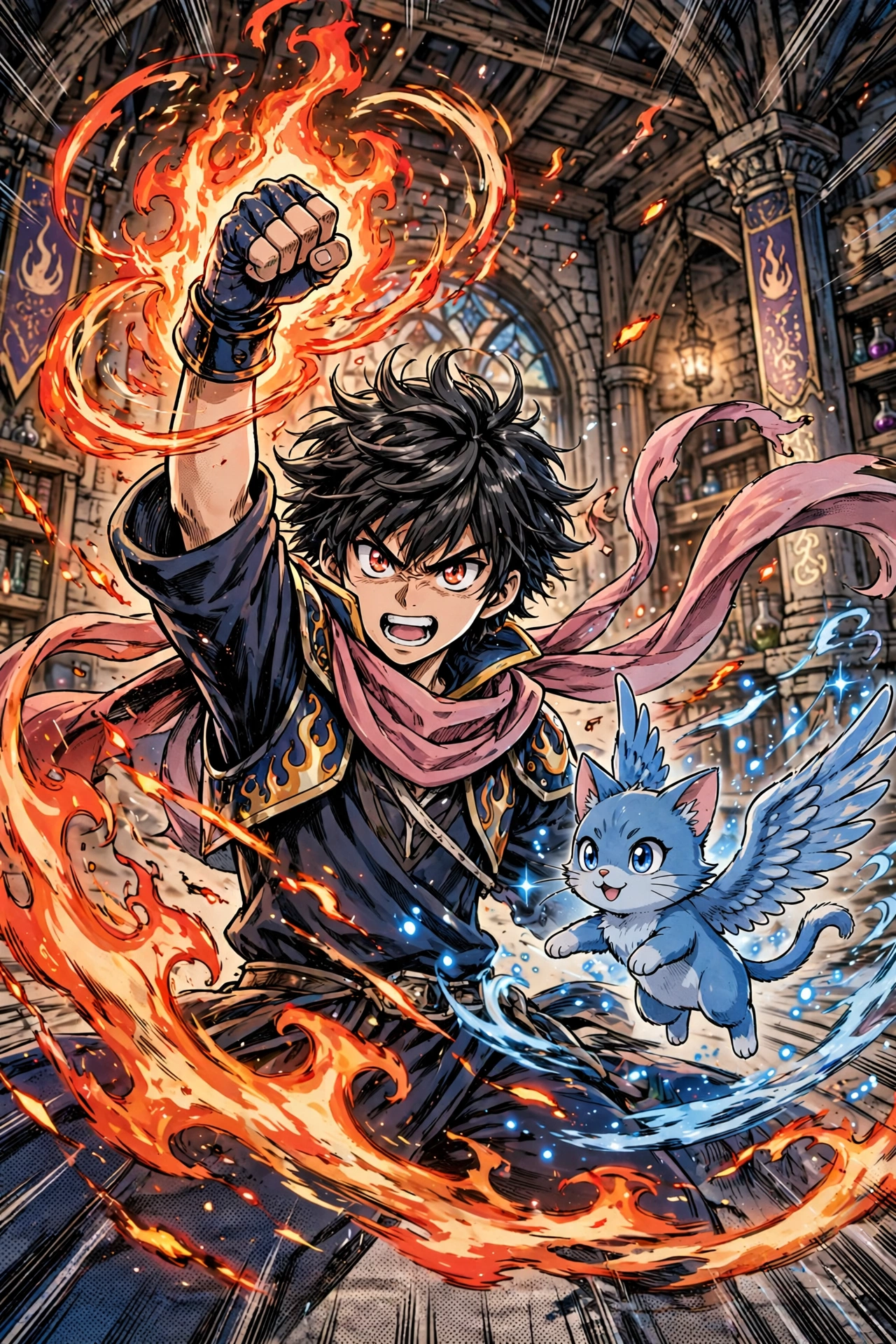 Manga-style illustration of a fire wizard with a small winged cat companion in a guild hall
