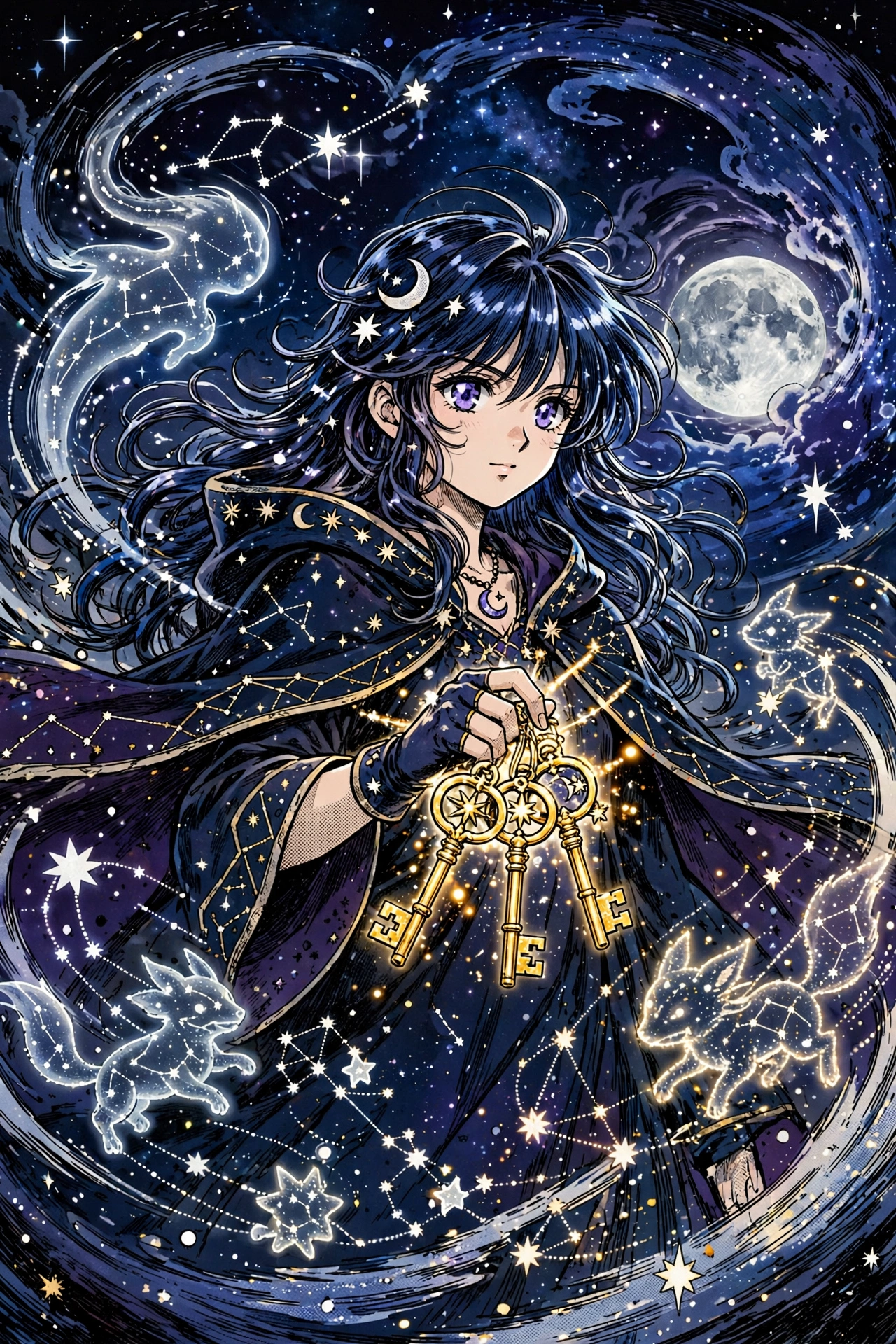 Manga-style illustration of a celestial mage holding glowing star keys under a night sky