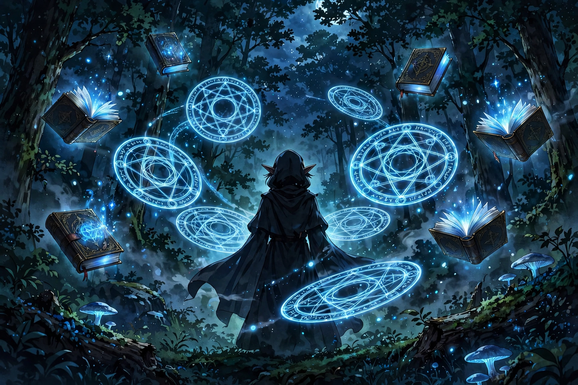Anime-style illustration of glowing grimoire books and blue magic circles around an elven mage silhouette in a nighttime forest