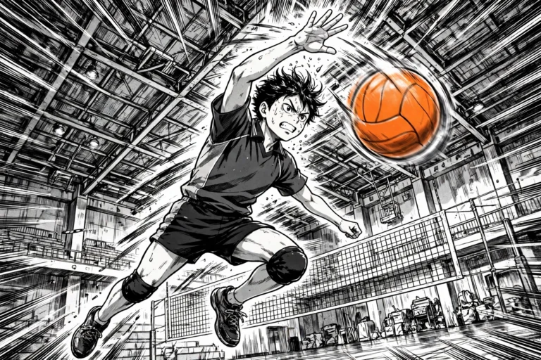 Manga-style illustration of a volleyball player leaping for a spike in a gymnasium
