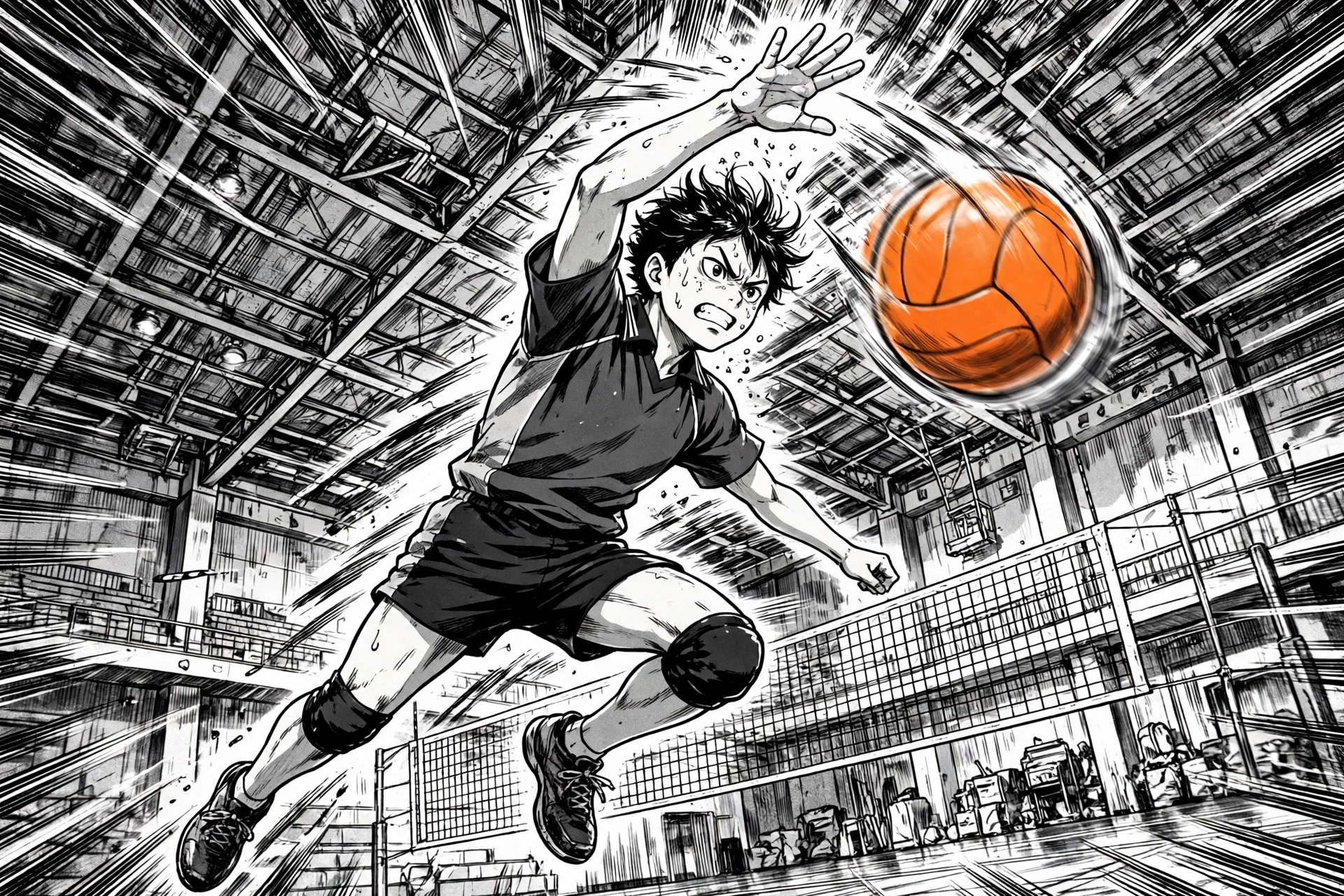 Manga-style illustration of a volleyball player leaping for a spike in a gymnasium