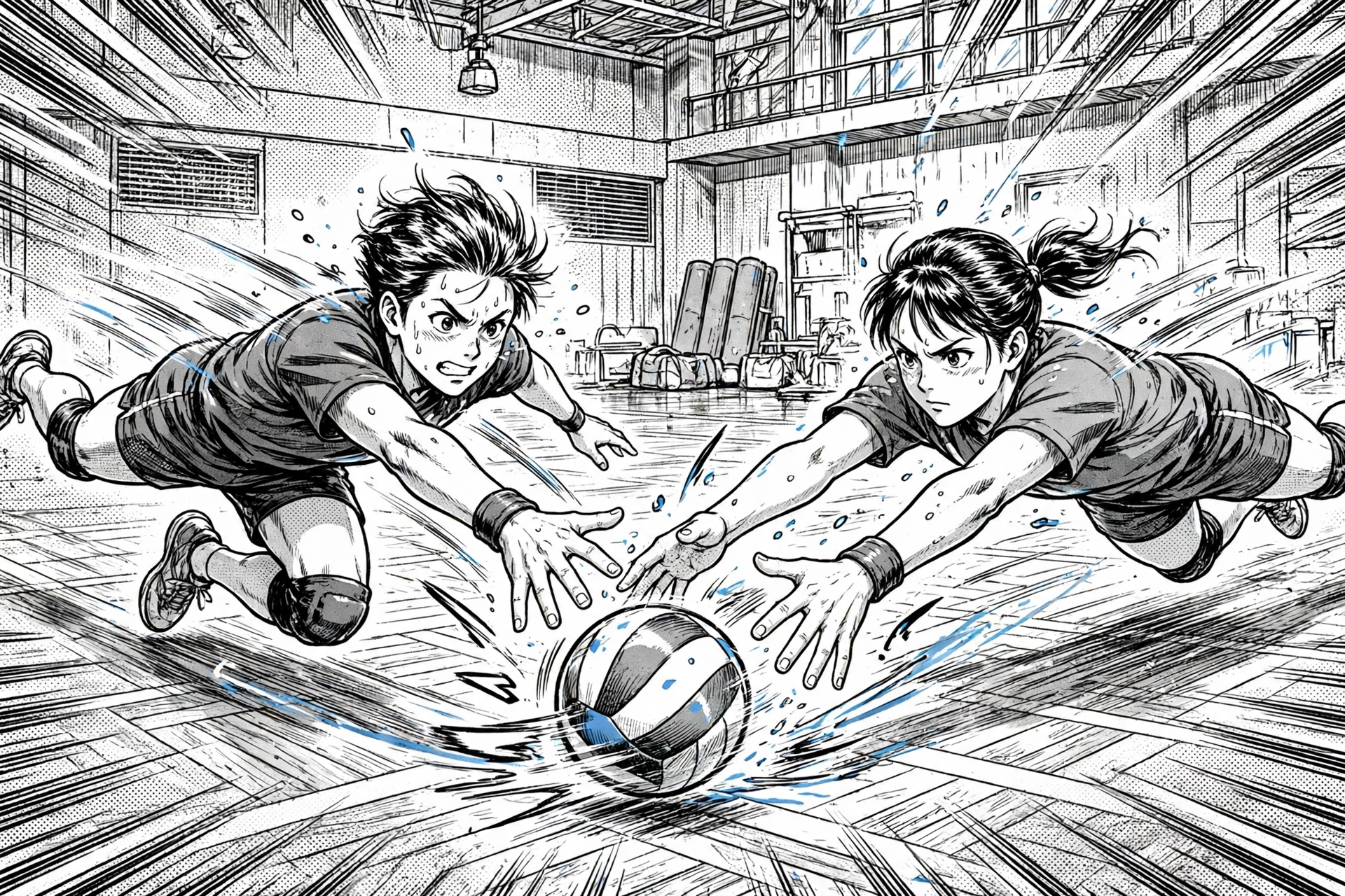 Manga-style illustration of two volleyball players diving to receive the ball during a rally