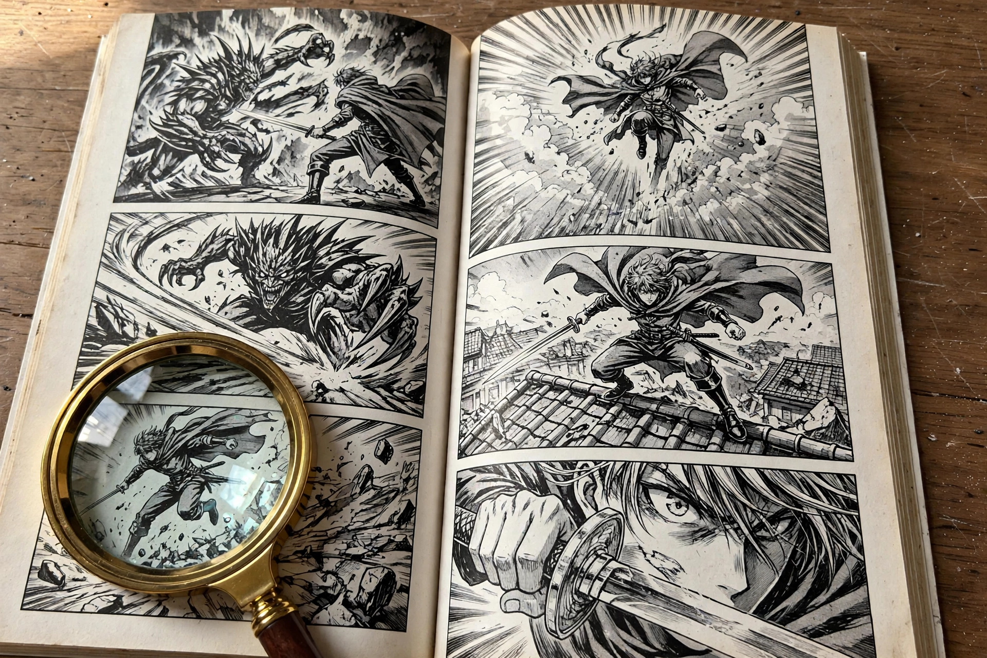 Close-up of an open manga volume showing the right-to-left panel reading order with a magnifying glass on the page