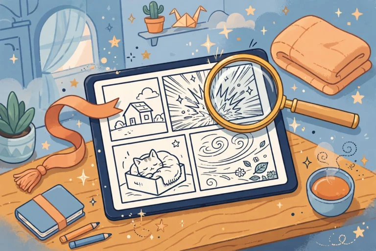 Illustration of a tablet showing manga panels with a magnifying glass and bookmark