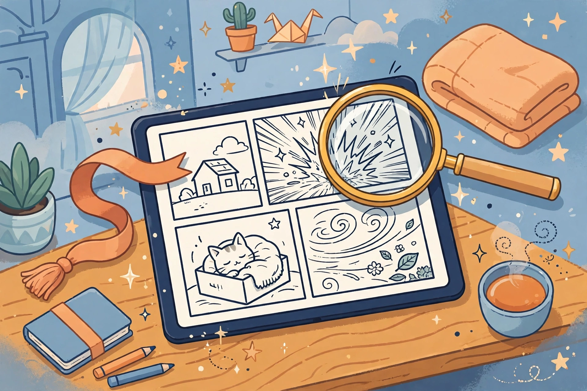 Illustration of a tablet showing manga panels with a magnifying glass and bookmark