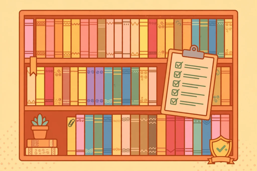 Bookshelf of manga volumes with a checklist and a safe-reading badge
