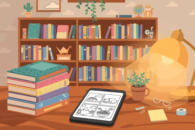 Illustration of manga books and a smartphone showing comic panels