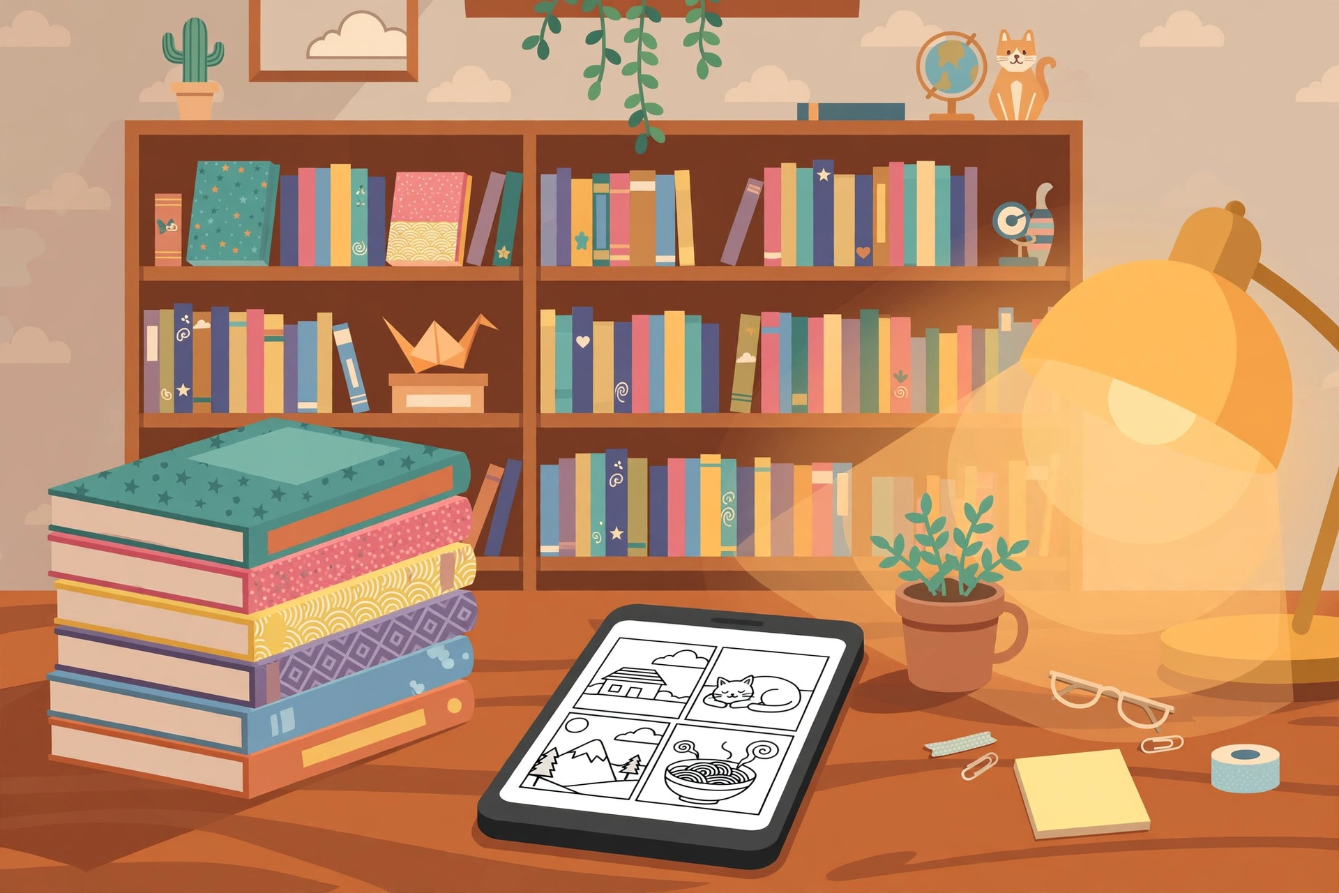 Illustration of manga books and a smartphone showing comic panels