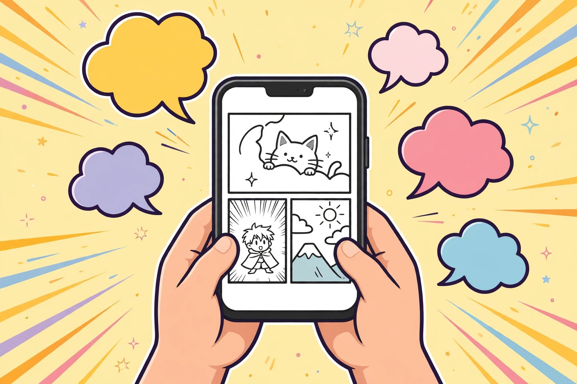 Hands holding a smartphone displaying manga panels with speech bubbles