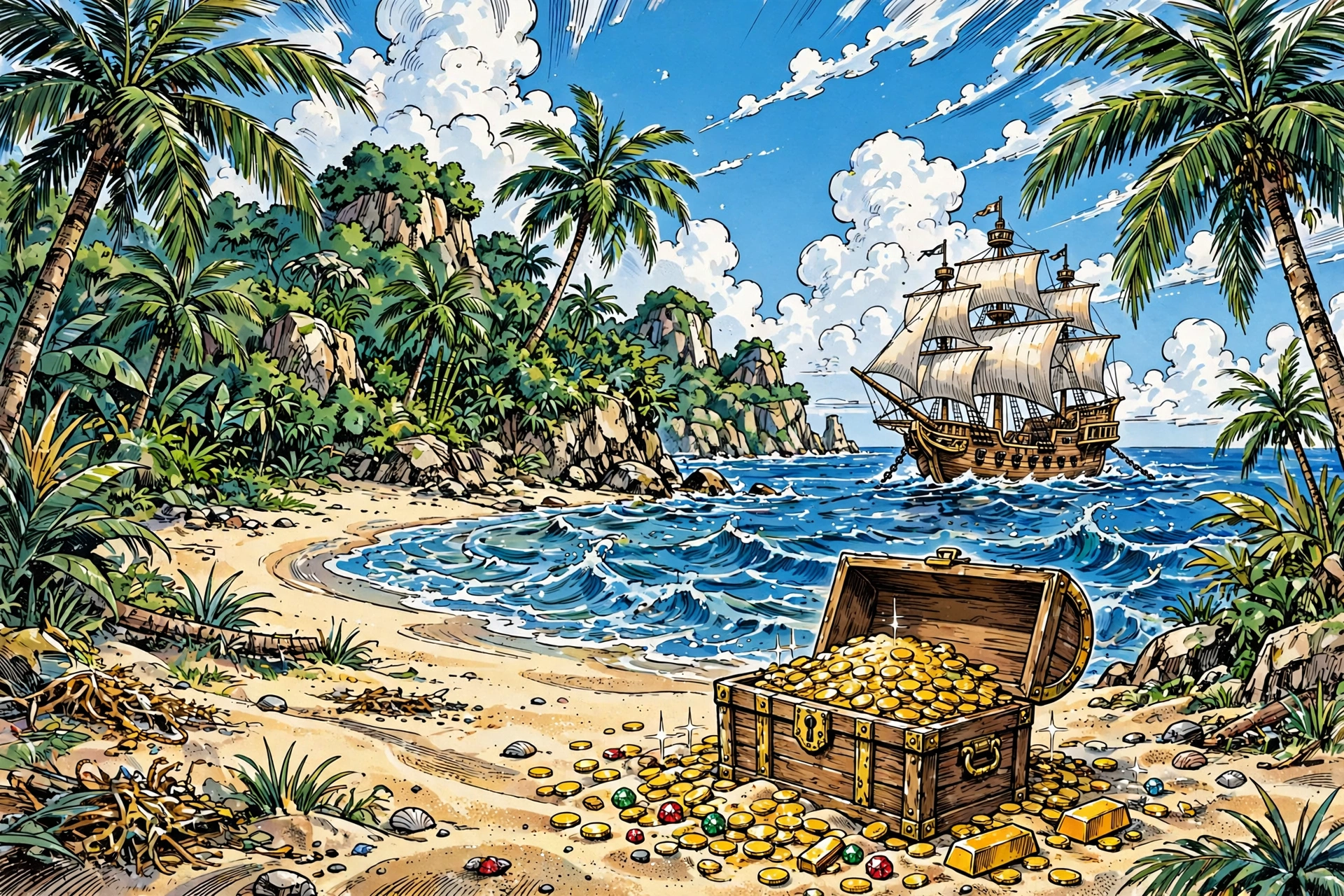 Adventure manga style illustration of a pirate ship sailing toward a distant horizon