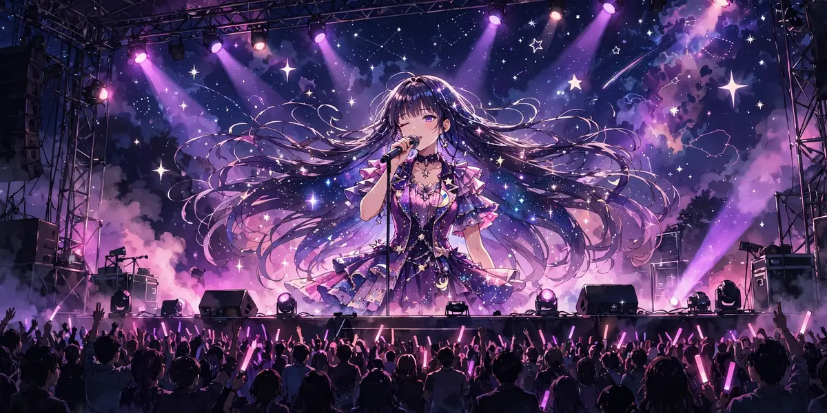 Anime-style illustration of an idol singer performing on a glowing concert stage
