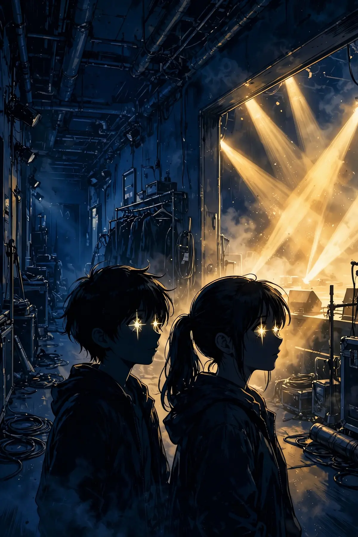 Anime-style artwork of performers with star-shaped eye highlights in a backstage theater