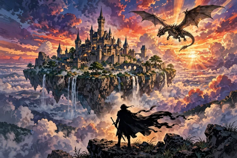 Fantasy manga style illustration of a castle and a dragon in a dramatic sky