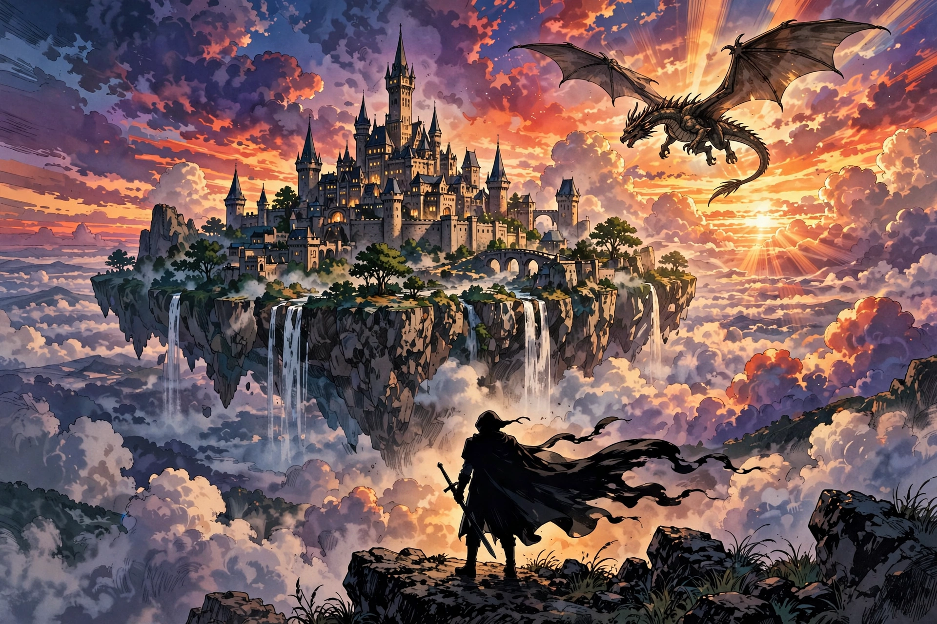 Fantasy manga style illustration of a castle and a dragon in a dramatic sky