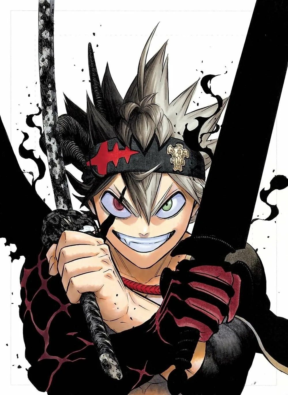 Manga-style illustration of a young demon-powered swordsman with a fierce grin