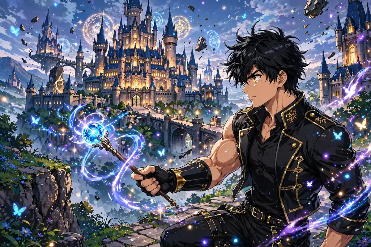 Illustration of a muscular young man with a wand in front of a magic academy