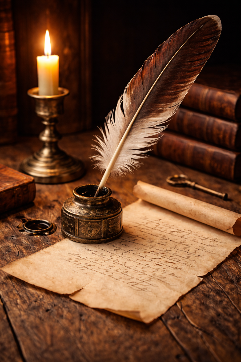 Dark writing desk with quill and ink in low light