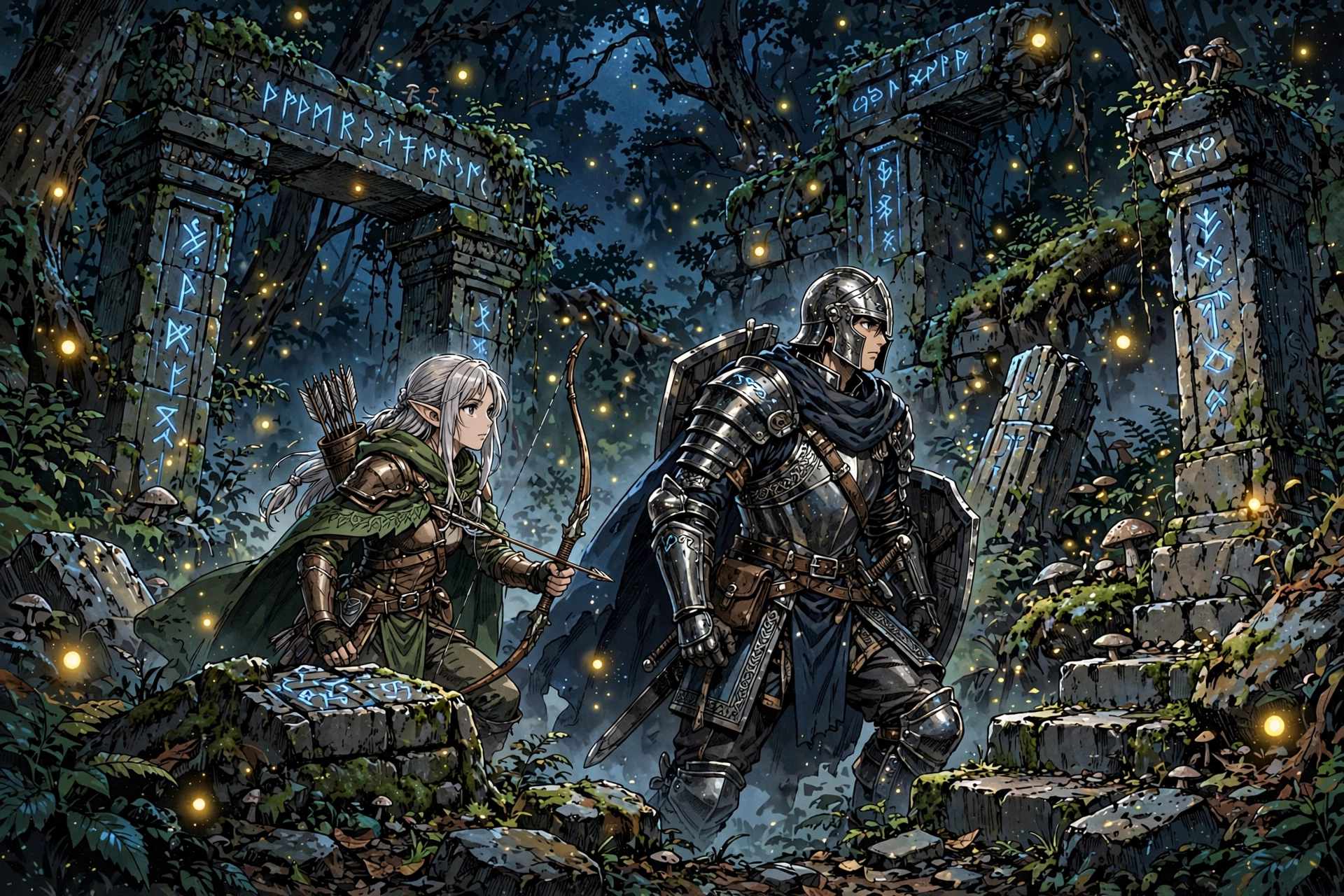 Manga style fantasy scene of adventurers exploring glowing ancient ruins