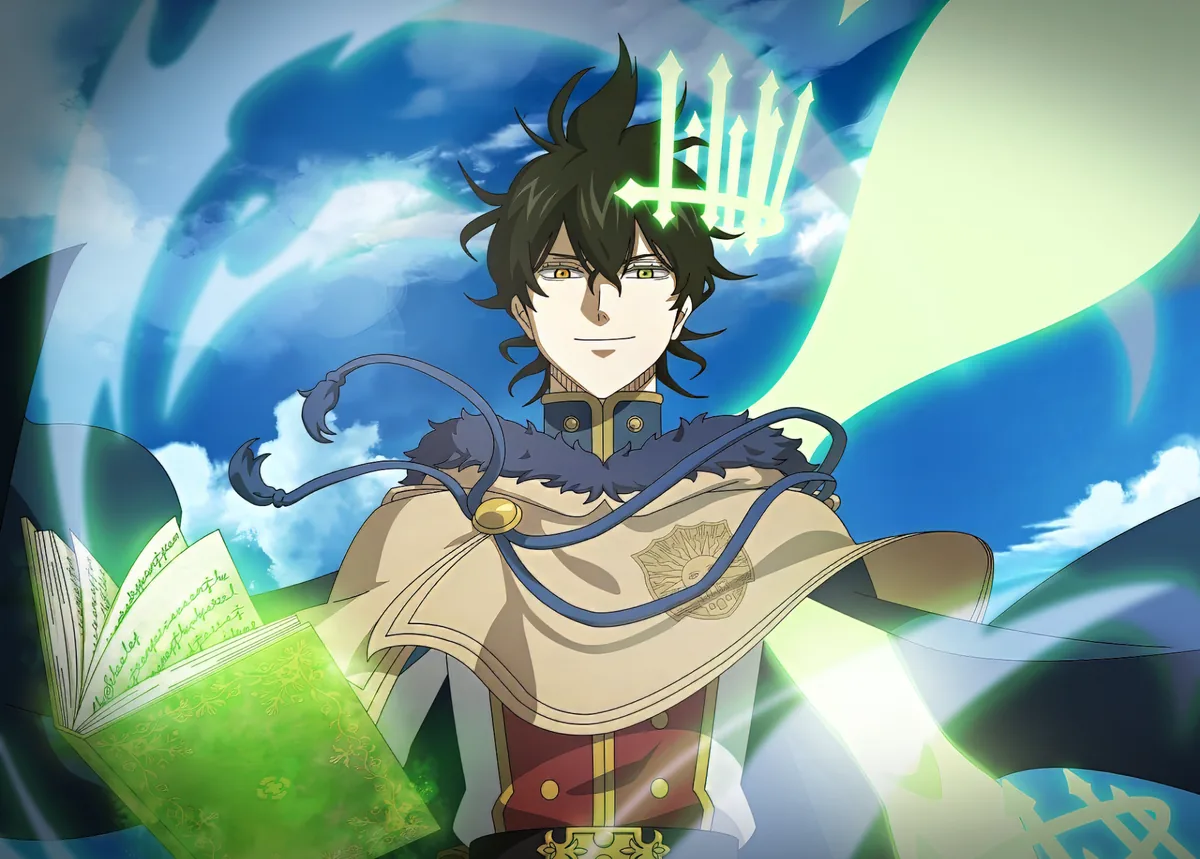 Anime illustration of a young magic knight holding an open grimoire with glowing runes