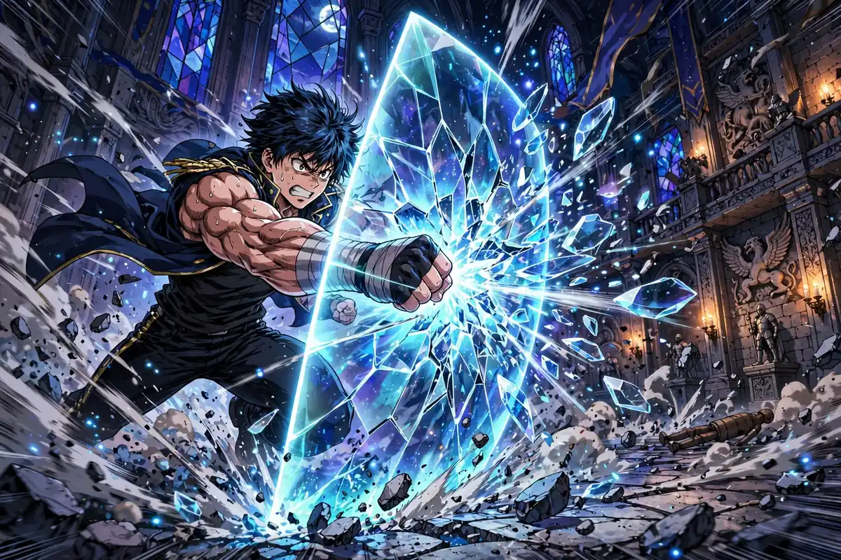 Illustration of a student punching through a magical barrier in an academy hall