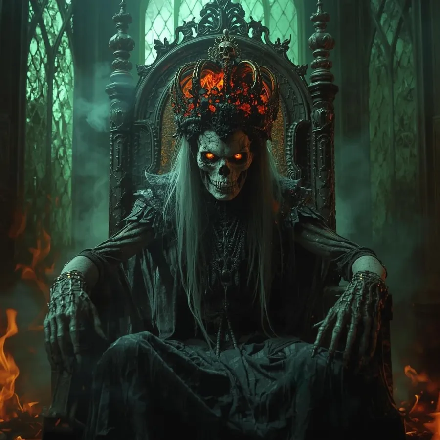 Skeleton king fantasy artwork on a dark throne