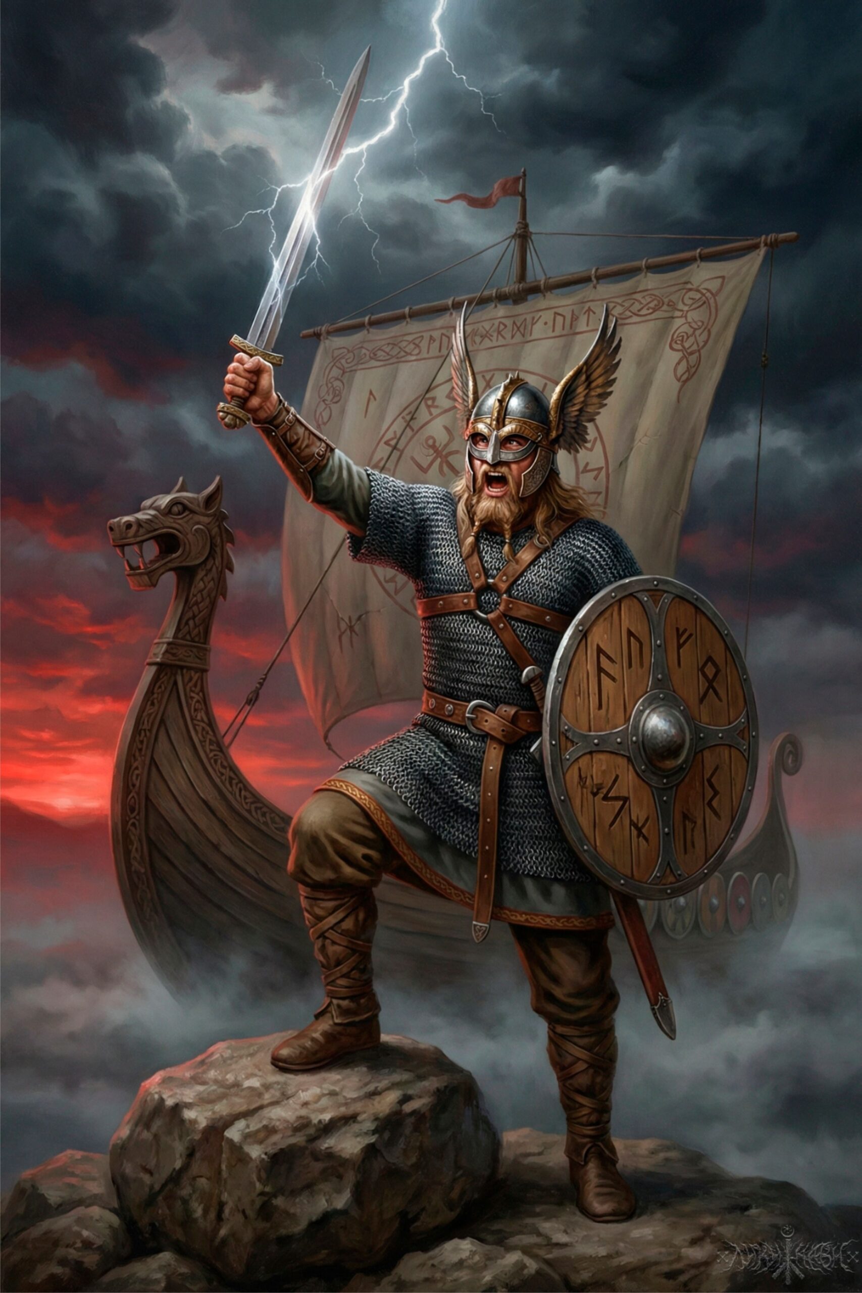 Dramatic battle artwork of Viking warriors inspired by Vinland Saga manga