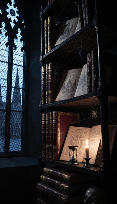 Gothic library alcove with dark atmospheric shelves