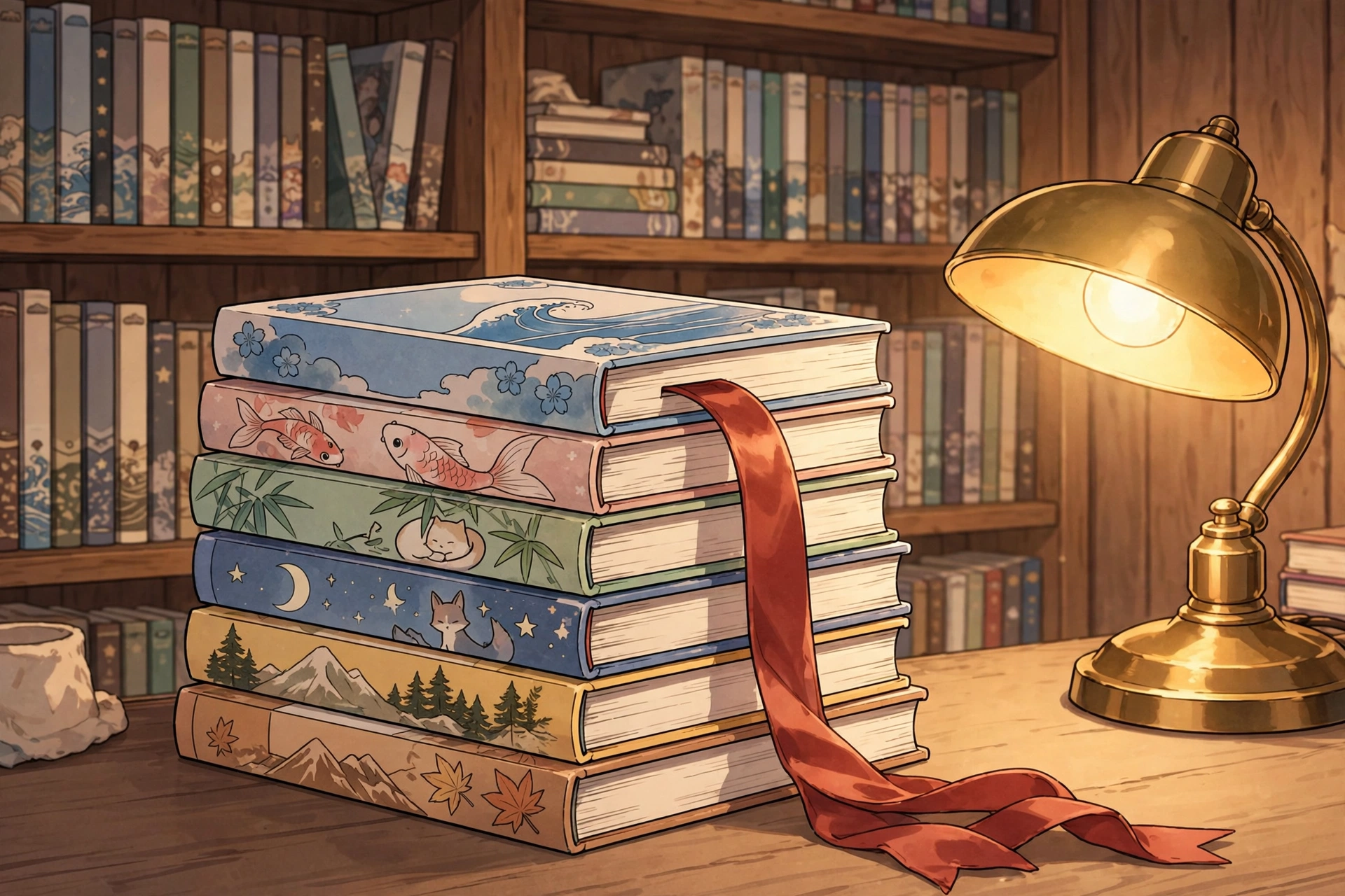 Illustration of a stack of manga volumes with a ribbon bookmark in warm light