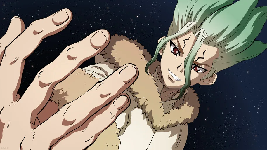 Anime-style illustration of a scientist reaching out against a starry night sky