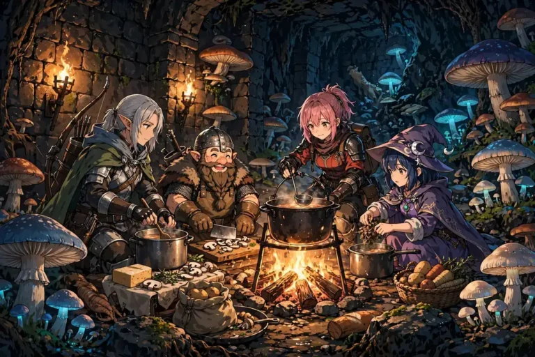 Illustration of adventurers cooking over a campfire inside a dark dungeon