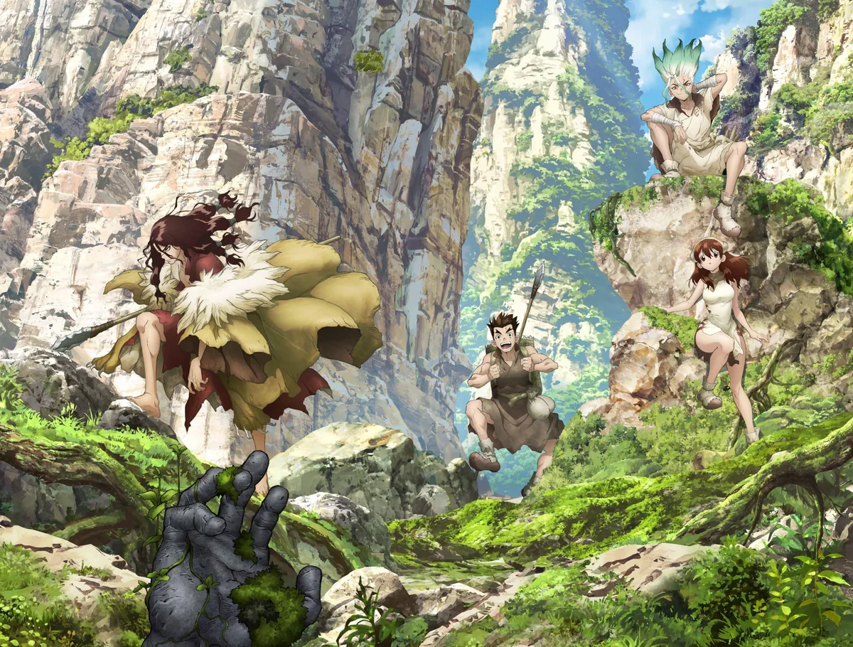 Anime illustration of adventurers climbing through a lush canyon in a stone world