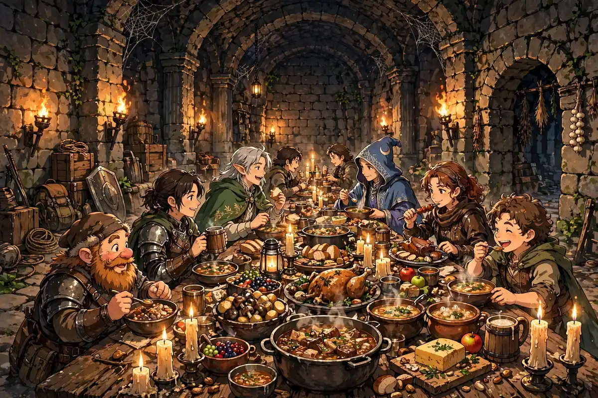 Illustration of a feast table with fantasy dishes in a torch-lit dungeon hall