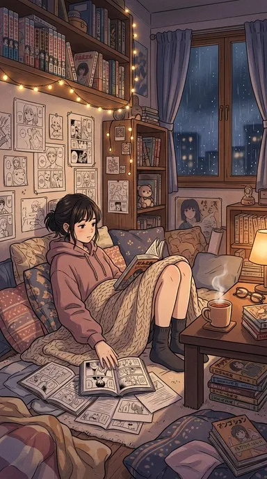 Manga style drawing of an open manga volume beside reading glasses on a desk