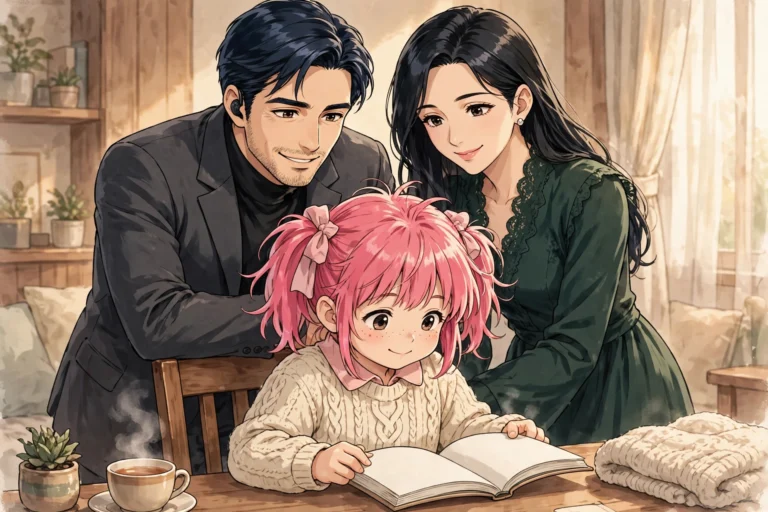 Manga-style illustration of a cheerful pink-haired girl reading with her spy family in the background