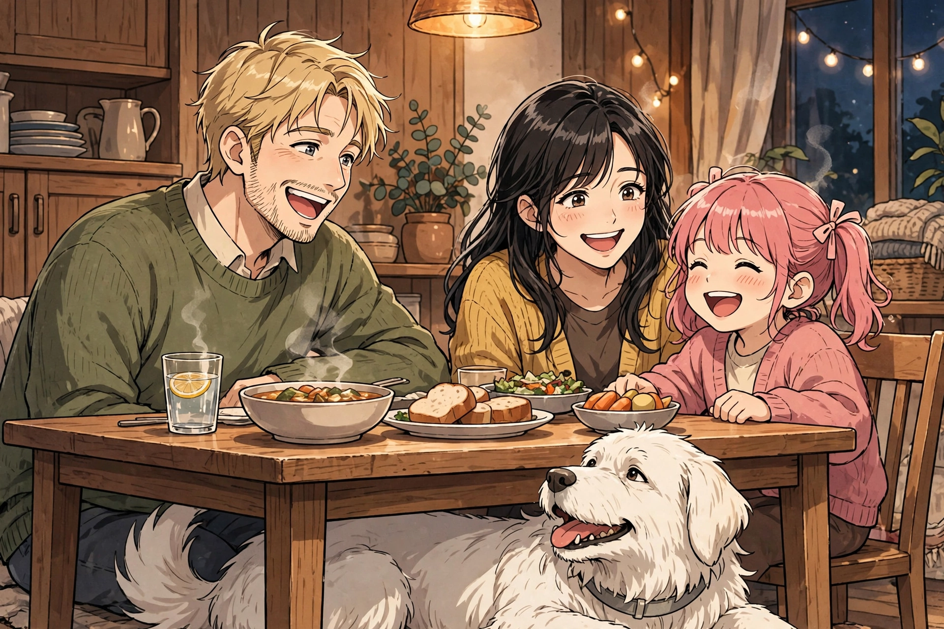 Manga-style illustration of a fake family sharing dinner together in a warmly lit home