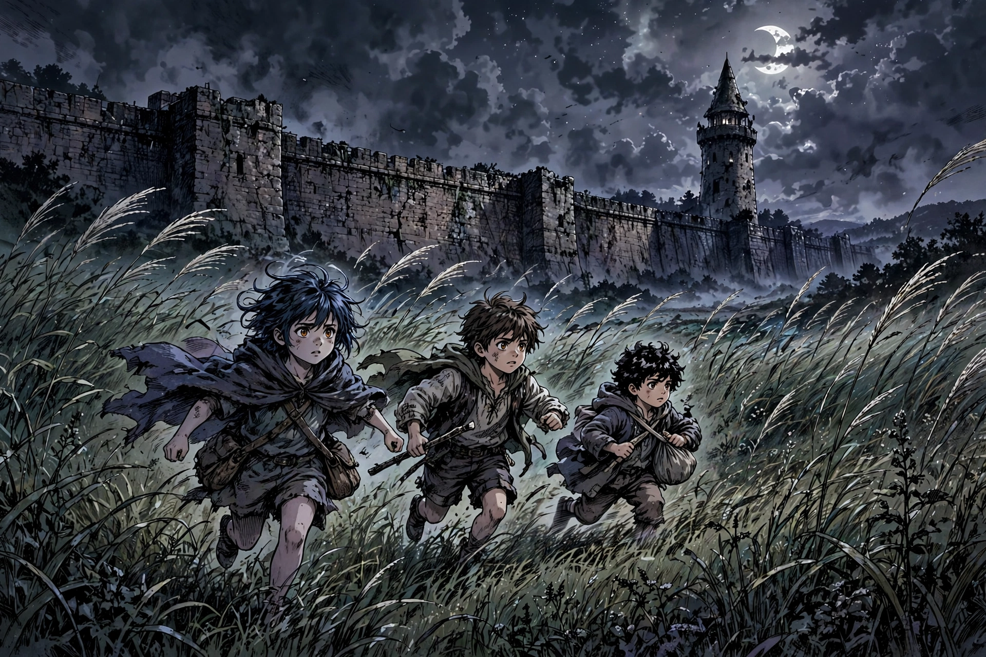 Manga-style illustration of children running through tall grass toward a tall stone wall under a moonlit sky