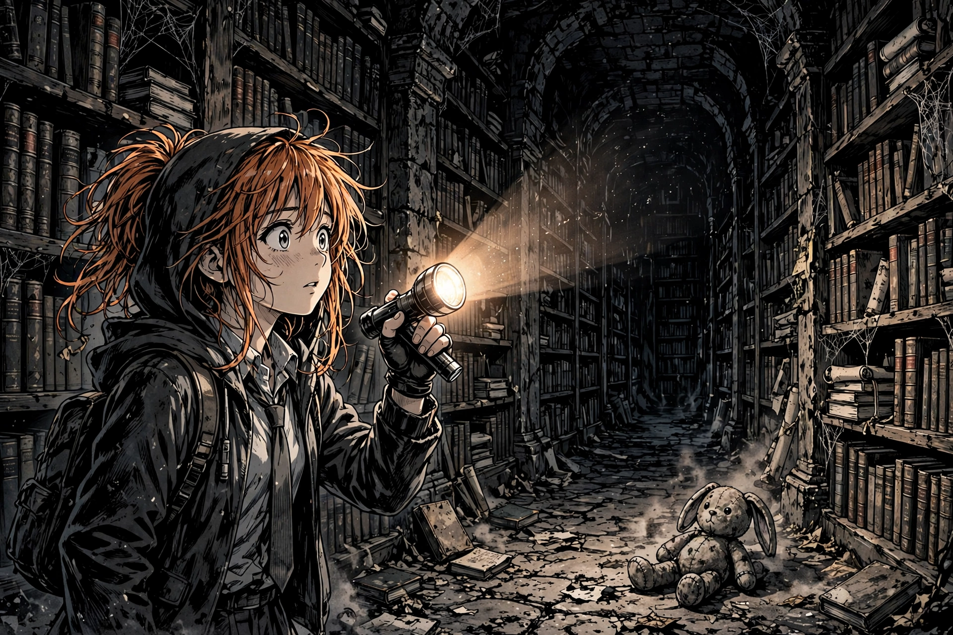 Manga-style illustration of a girl with a flashlight exploring a dark underground library of old books
