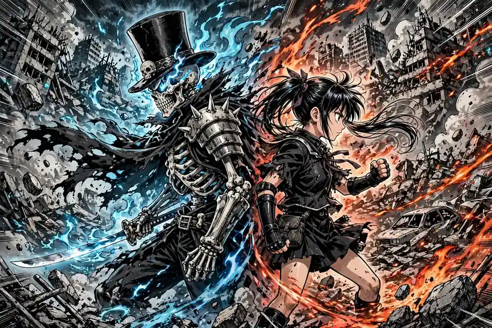 Anime-style illustration of an undead warrior and a girl with long hair standing back to back in a ruined city