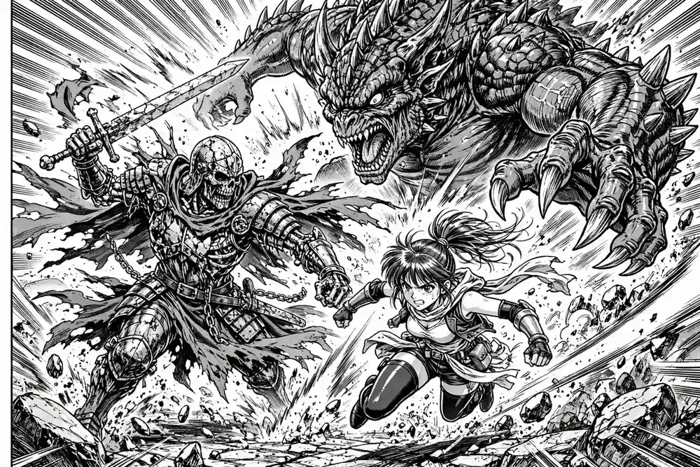 Black and white manga-style illustration of two fighters battling a giant monster