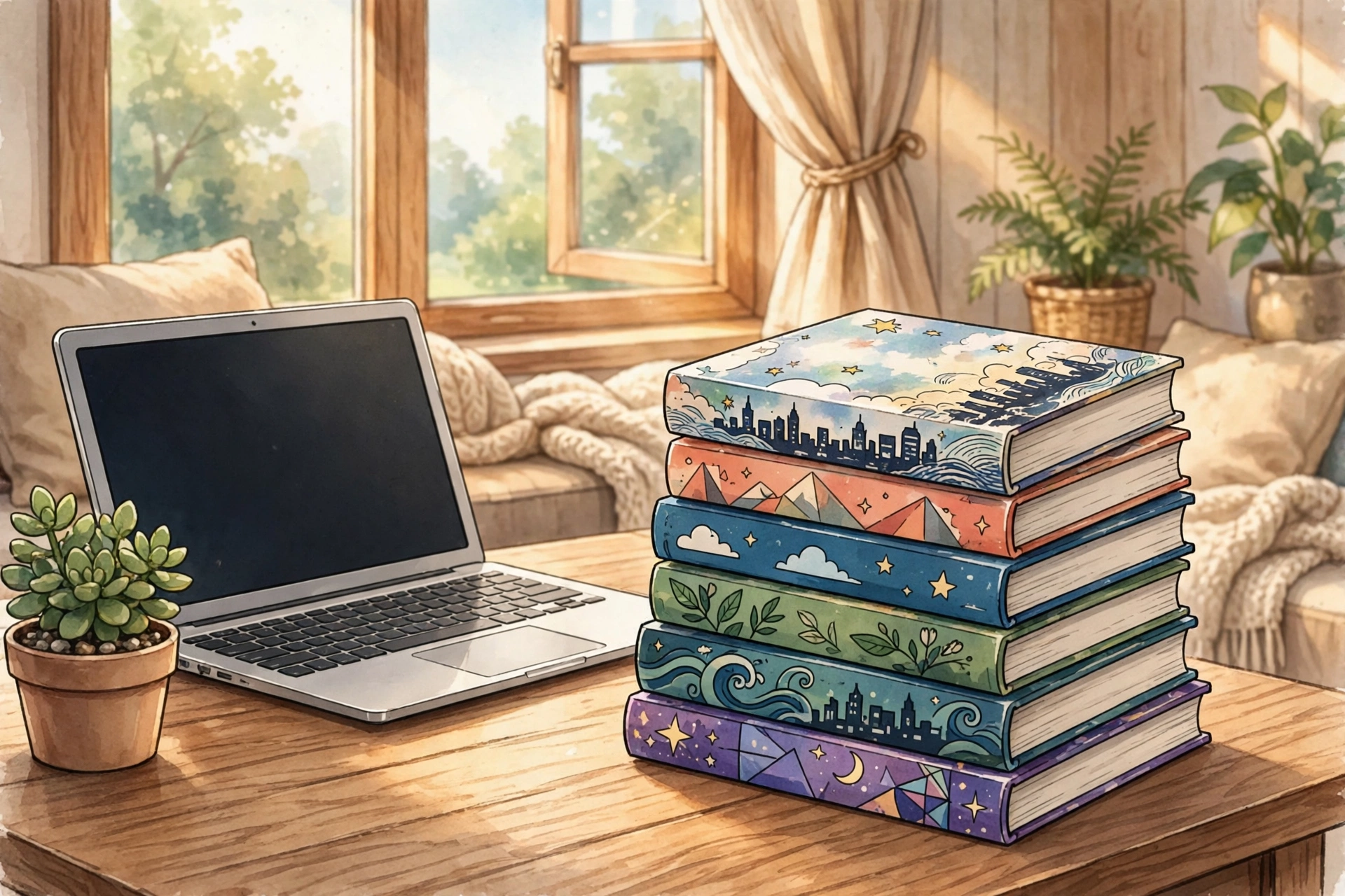 A stack of books beside a laptop on a desk